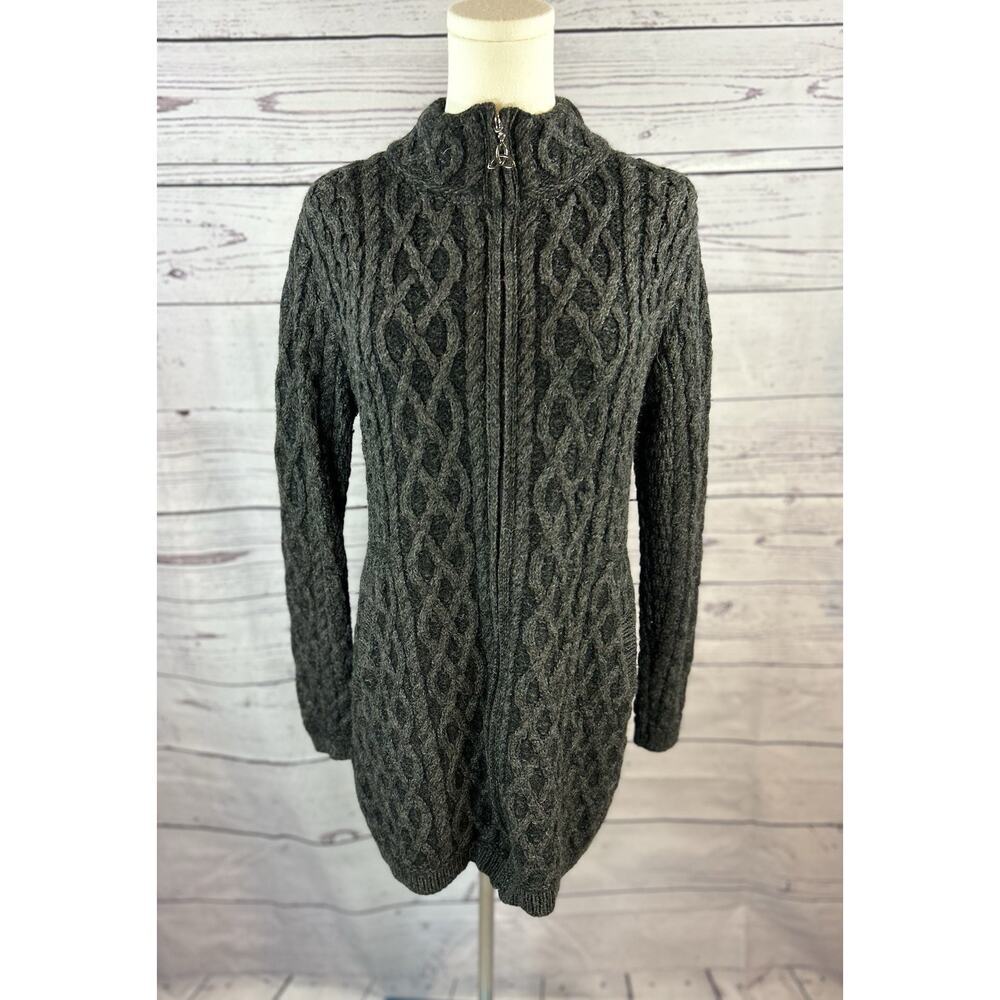 Aran Merino Wool Cable Knit Sweater Women Medium Gray Zip Up Cardigan